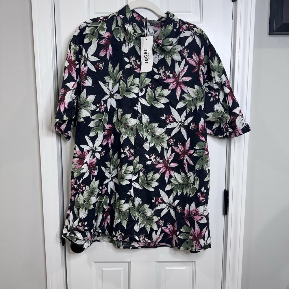 Jogal Hawaiian Floral Camp Shirt Mens 3XL Black Pink Green Button Front NWT